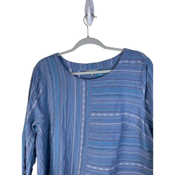 Habitat Clothes To Live In Blue Striped Patchwork 3/4 Sleeve Button Cuff Top - Picture 3 of 8